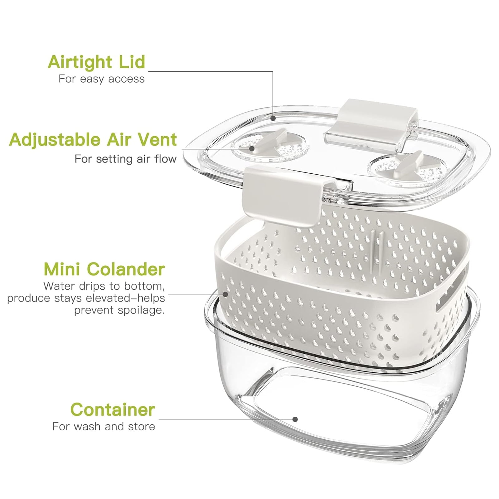 LUXEAR Fresh Container, BPA-free, Partitioned Fruit Storage Container 3 Pack Produce Container for Refrigerator, White