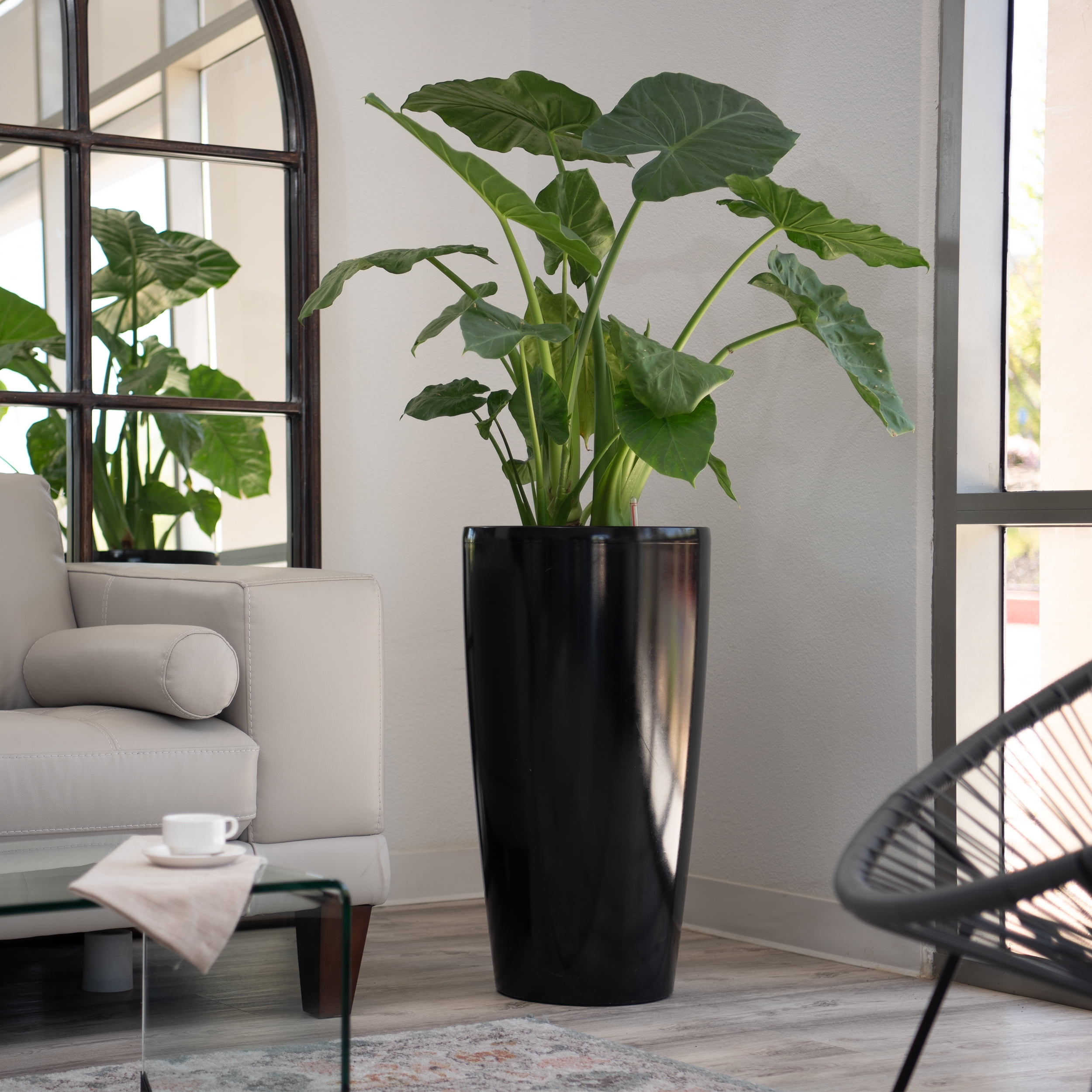 XBrand 21" H Black Plastic Self Watering Indoor Outdoor Tall Round Planter Pot w/Glossy Finish, Decorative Gardening Pot, Home Décor Accent