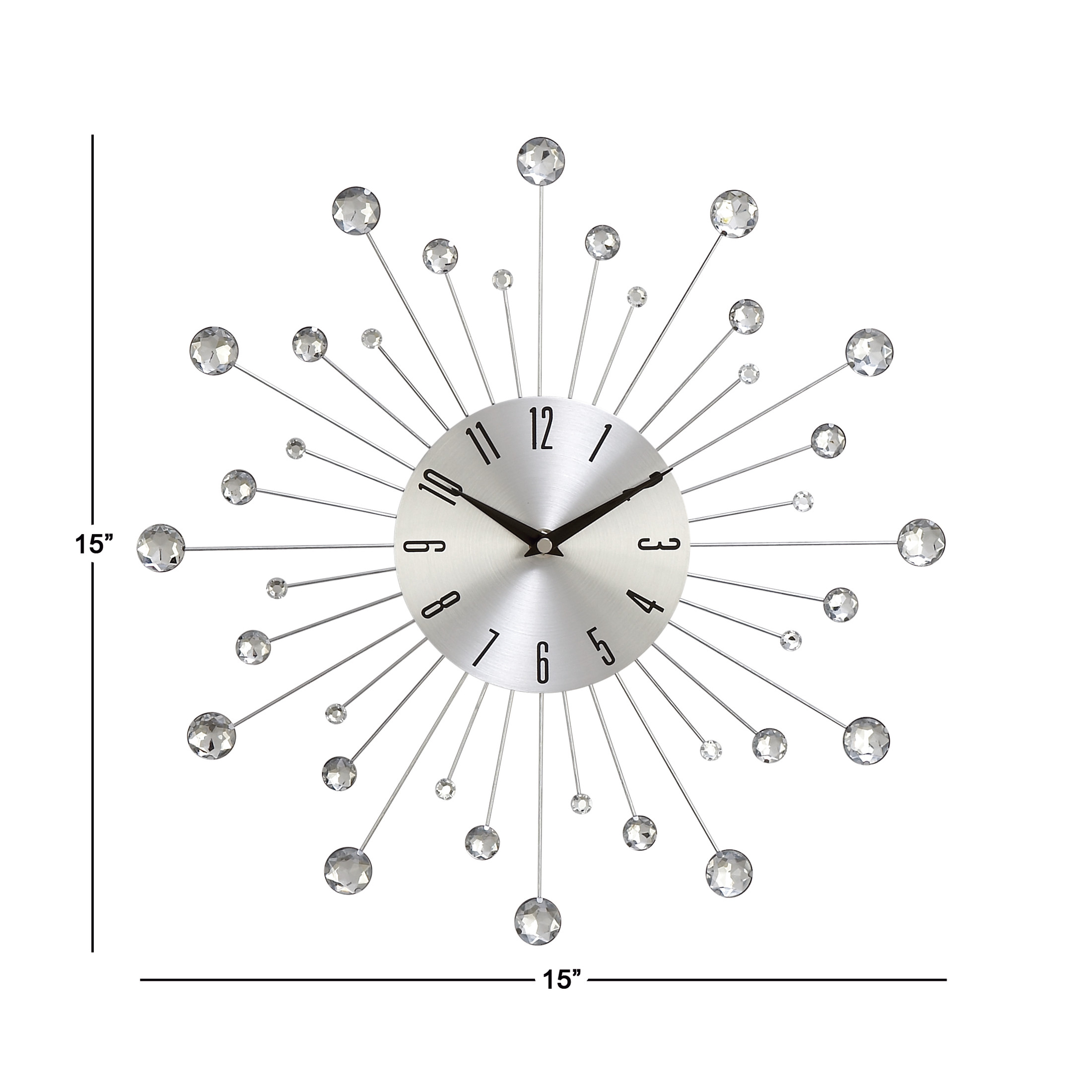 DecMode 15" Silver Metal Starburst Wall Clock with Crystal Accents