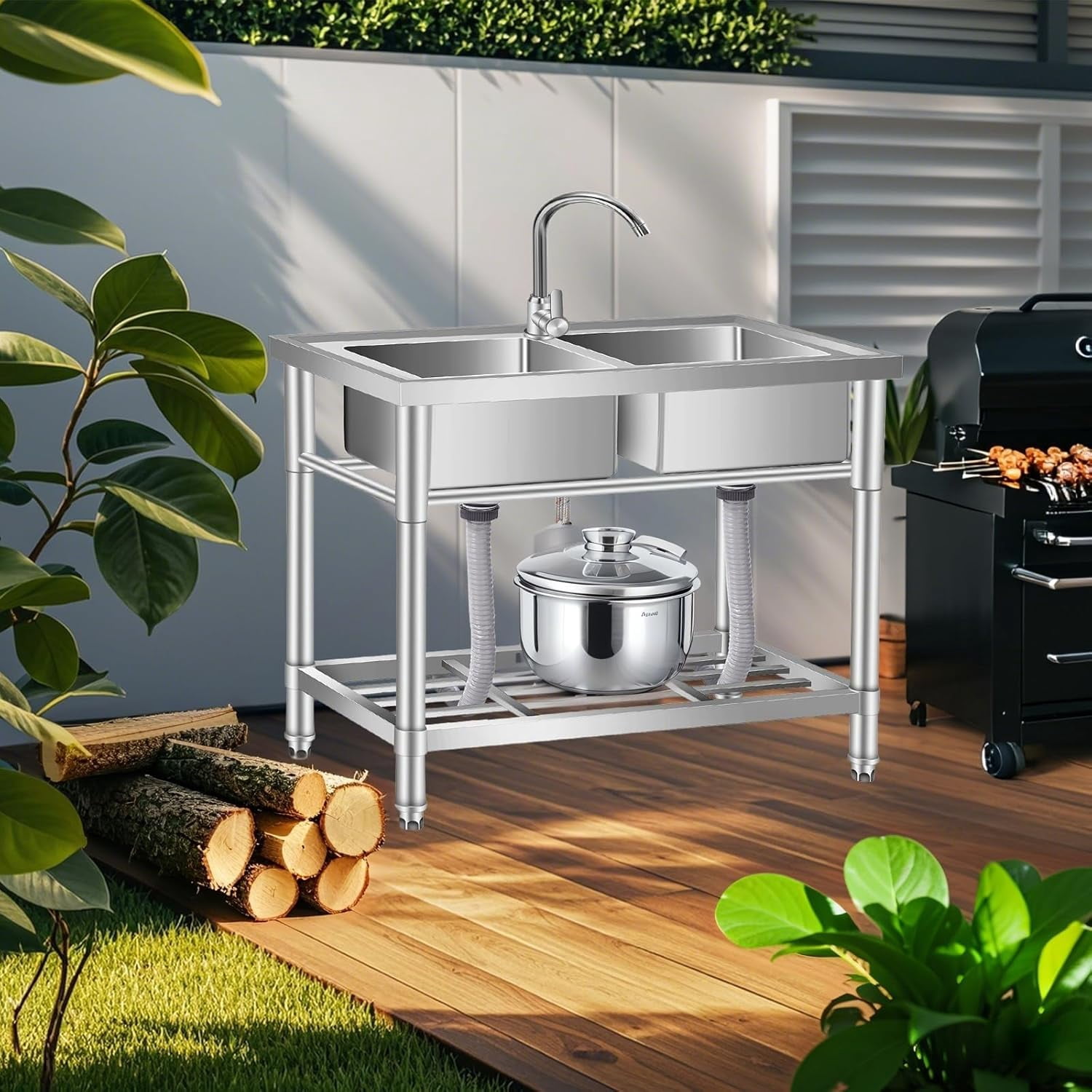 Stainless Steel Utility Sink, with Faucet, Legs, Cold and Hot Water Pipe, Heavy-Duty, Easy to Clean, for Laundry, Kitchen, Garage, Outdoor, Garden