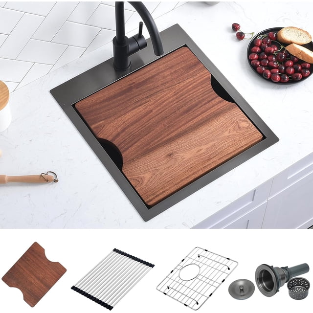 Drop in Kitchen Sink Workstation Nano Stainless Steel Deep Single Bowl with Quick Drainage & Tarnish- Surface for Bar Laundry RV Includes Accessories