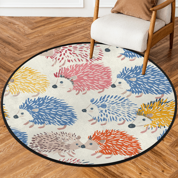 CURLYOOT Round Rug 3ft Hedgehog Pattern Area Rug, Washable Circle Mat Non Slip Floor Carpet Mat, Soft Indoor Rugs for Entryway Living Room Dining Room Bedroom