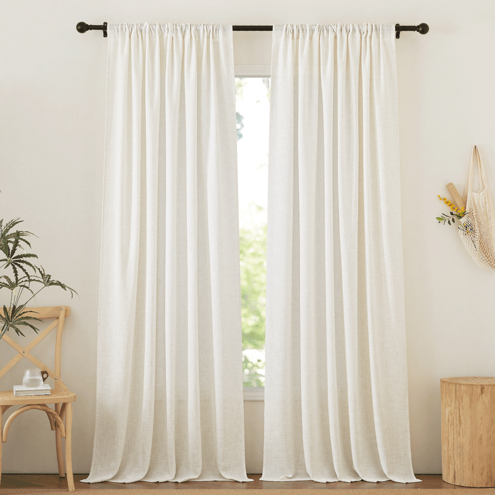 NICETOWN Semi Sheer Linen Curtains 108 inches Long for Bedroom, Light Filtering Half Privacy Back Tab/Rod Pocket Farmhouse Living Room Window Curtains, Linen, 52"x 108", 2 Panels