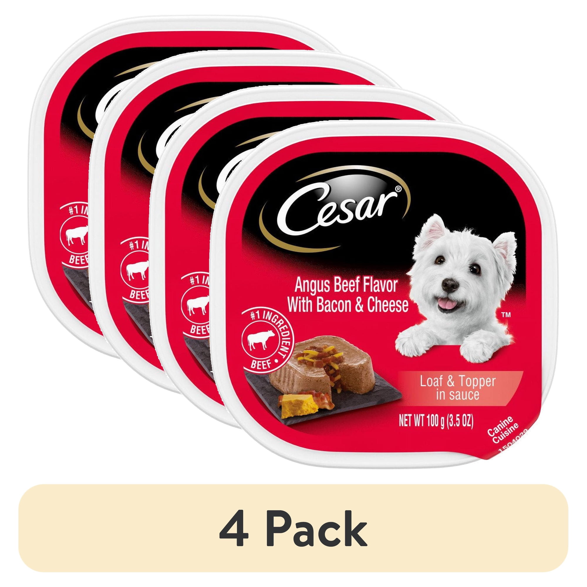(4 pack) Cesar Loaf & Topper Angus Beef Flavor With Bacon & Cheese Wet Dog Food, 3.5 Oz Tray