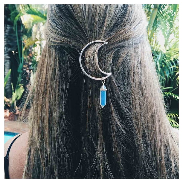 Andelaisi Boho Moon Clip para el cabello Vintage Hollow Crescent Hairclip Piedra natural Colgante Horquilla Hexagonal Crystal Drop Hair Barrette Clip Accesorio para el cabello para mujeres y niñas Toc