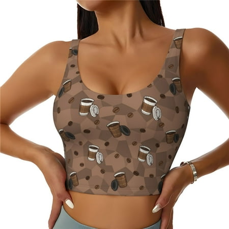 Adobk Warm Coffee Pattern Print Sports Bras for Women Longline Workout Crop Tank Tops Padded with Built in Shelf Padded Sports Bra-Medium