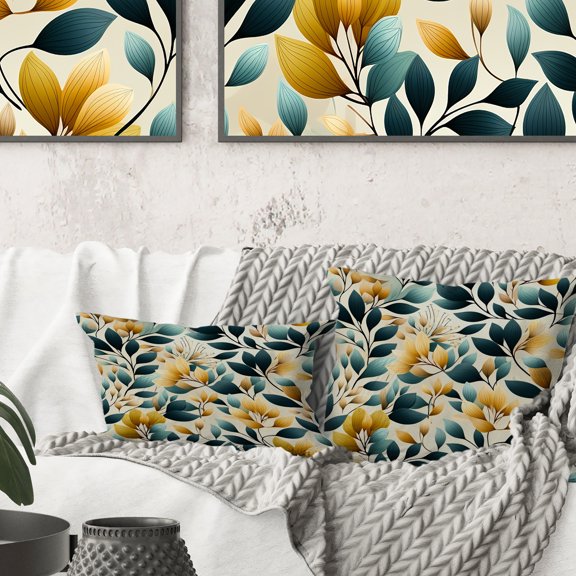 Designart "Botanical Harmony in Yellow and Teal" Botanical Printed Throw Pillow