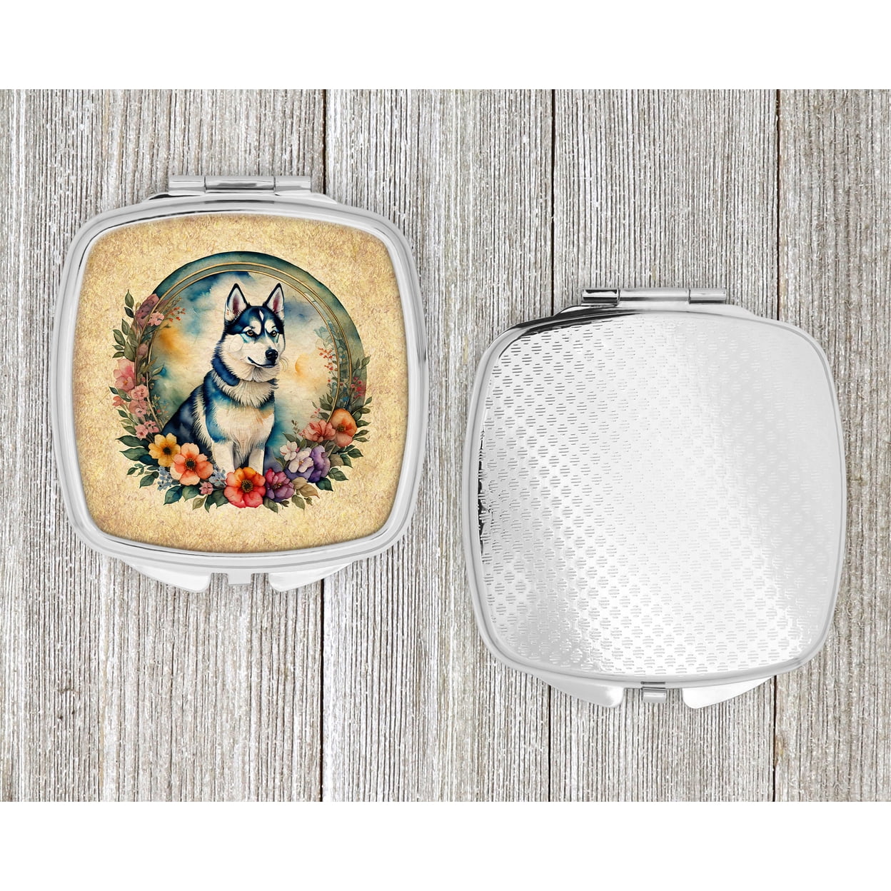 Siberian Husky and Flowers Compact Mirror 2.75 in x 3 in