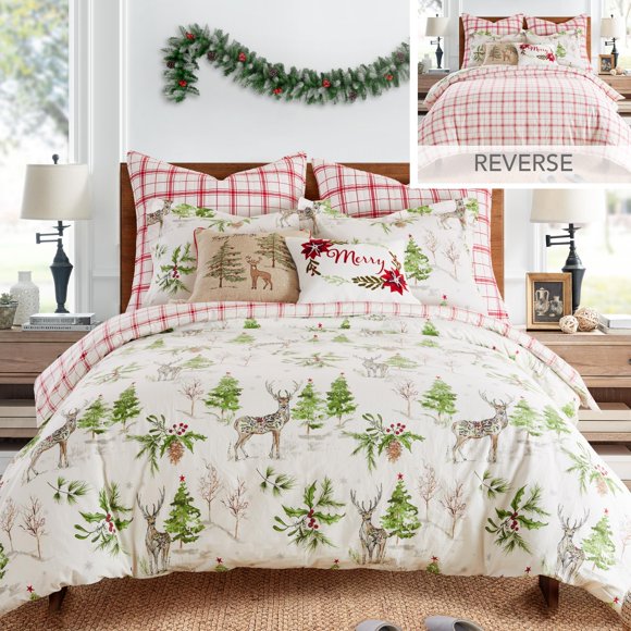 Levtex Home - Sleigh Bells Duvet Cover Set - Full/Queen Holiday Duvet Cover 90x94 and Two Standard Pillow Cases 20x26 - Christmas Tree and Reindeer - White Green and Red - Cotton