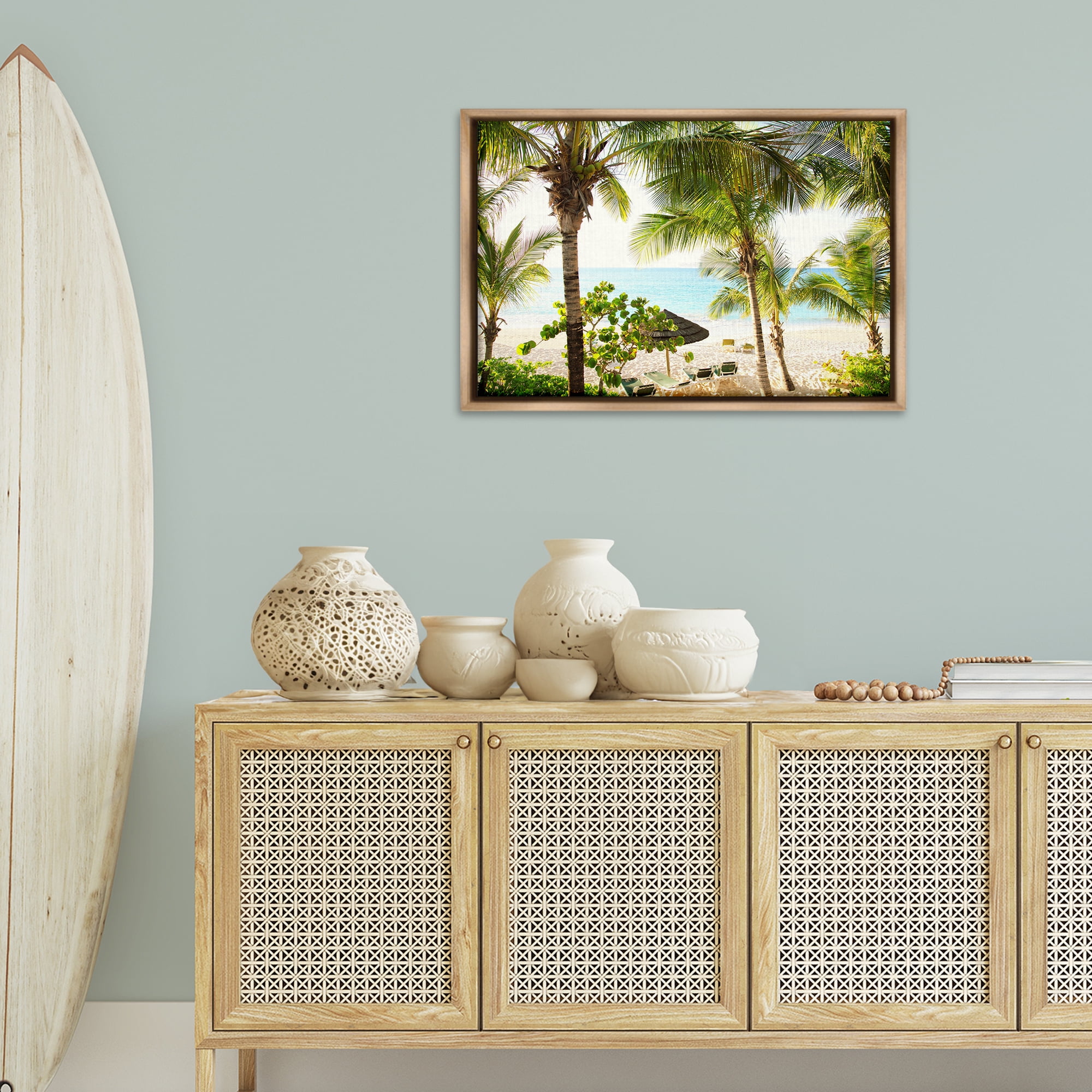 Stupell Industries Tropical Beach Resort Landscape Photography Brown Floater Framed Canvas Art Print Wall Art, 31 x 21