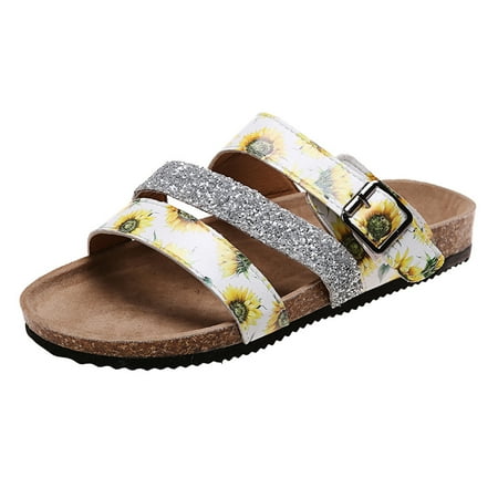 

Women\ s Beach Slippers Strappy Flower Printed Summer Open Toe Slide Shoes