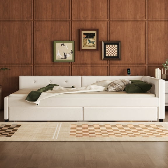 Noble House Felix Queen Upholstered Storage Bed, Linen Platform Frame with 2 Drawers and USB Charging, Beige