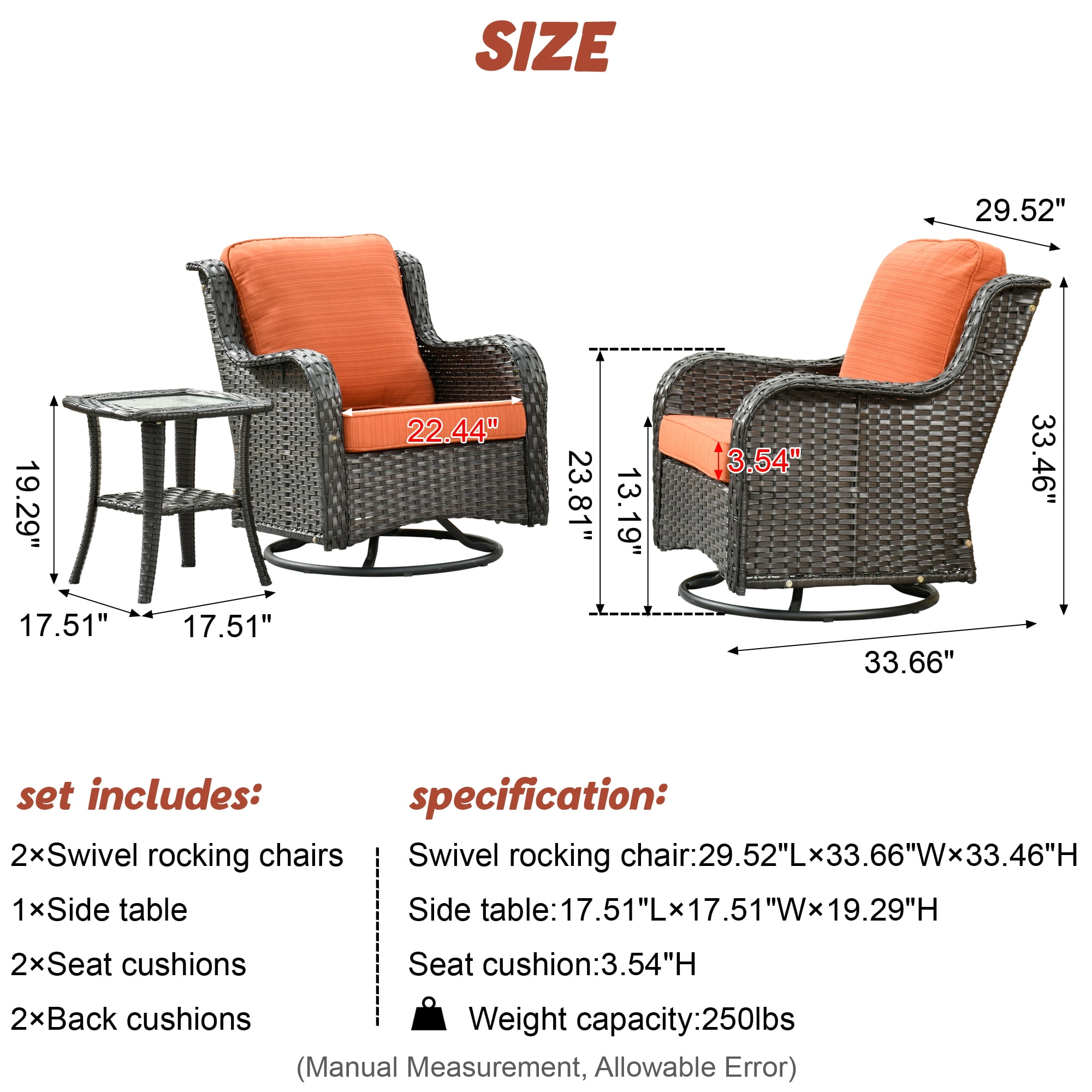 XIZZI Outdoor Patio Wicker Swivel Rocker Set,3-Piece Rocking Chair Bistro Set with Orange Red Cushions and Coffee Table for Balcony,Brown Wicker