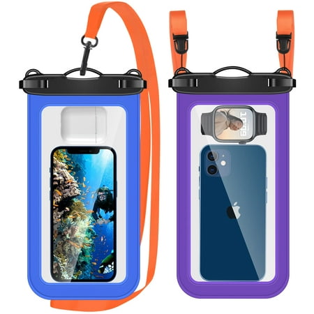Casetego Universal Waterproof Phone Pouch with Lanyard, IPX8 Cellphone Dry Bag Waterproof Case for iPhone 14 13 12 11 Pro Max SE XS XR S10 S9 Note 20/10 Up to 8" -2 Pack,Purple+Blue