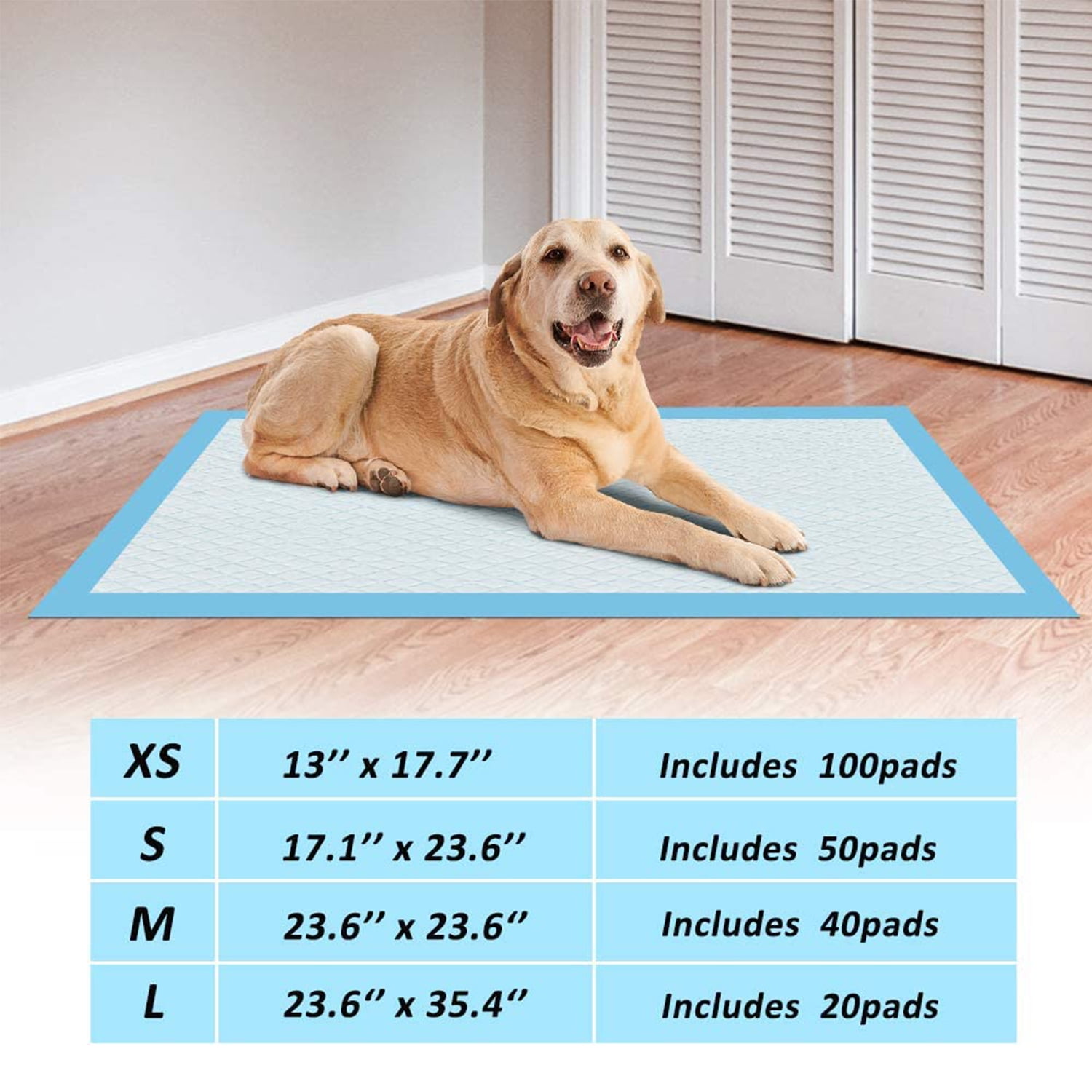Pefilos 13" Dog and Puppy Pee Pads with Leak-Proof Quick-Dry Design for Potty Training Pad, Standard Absorbency, Regular Size, Pack of 100, Blue Pefilos 13" Dog and Puppy Pee Pads with Leak-Proof Quick-Dry Design for Potty Training Pad, Standard Absorbency, Regular Size, Pack of 100, Blue