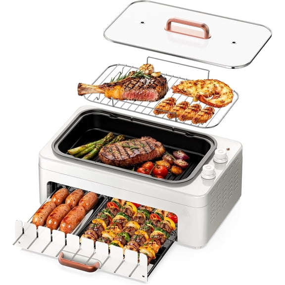 4-in-1 Electric Indoor Grill Smokeless for Home,Countertop Electric Grill with Removable Sizzle Grill Pan & Grate Auto Rotating Kabob Skewers Electric Hot Dog Roller Dual Zone Cooking with Lid