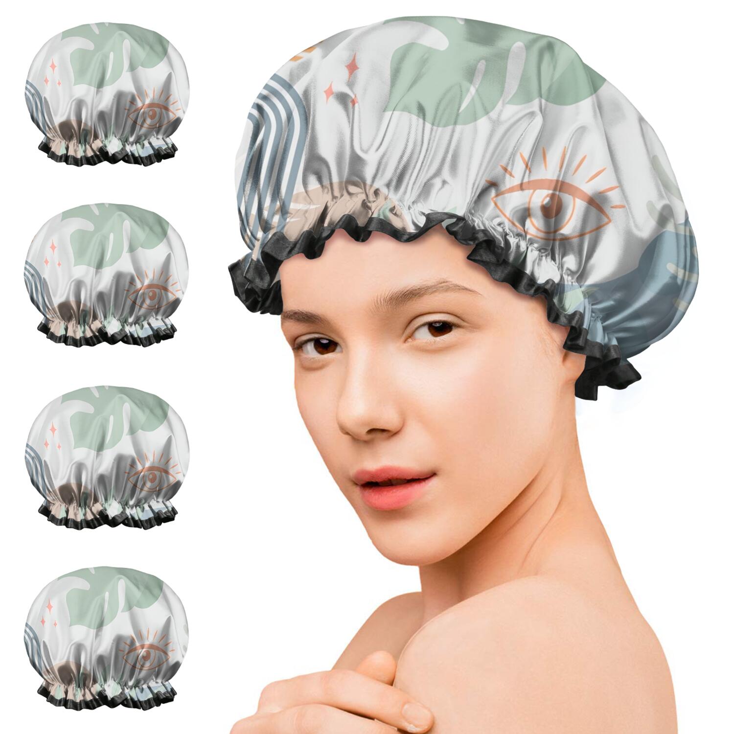 Shower Caps,Blue Boho Abstract and Plant Pattern Waterproof Shower Cap for Women 4 Pieces,Double Reusable Hair Cover for Shower PEVA Elastic Stretch Hem