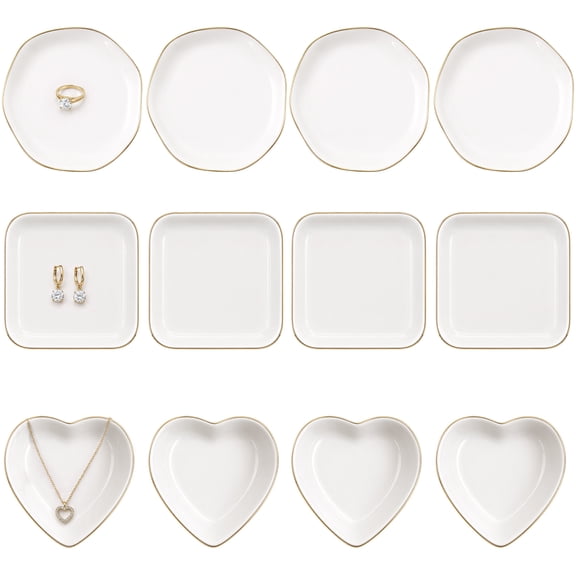12 Pcs Ceramic Jewelry Tray Set, Ring Holder Dish, Decorative Trinket Dish with Gold Rim for Earrings Necklaces Bracelet, Jewelry Organizer for Dresser Vanity