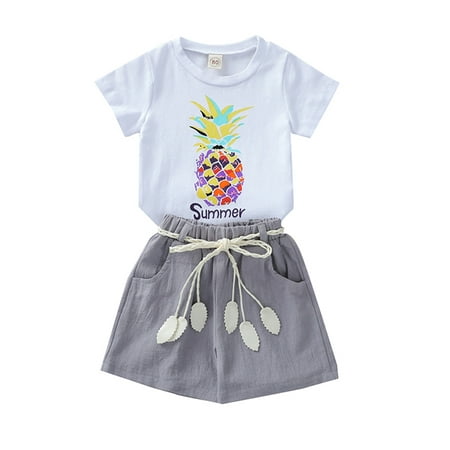 

TheFound 2Pcs Toddler Baby Girls Summer Outfits Fruit Short Sleeve T-Shirt Top Cotton Linen Shorts with Belt Clothes