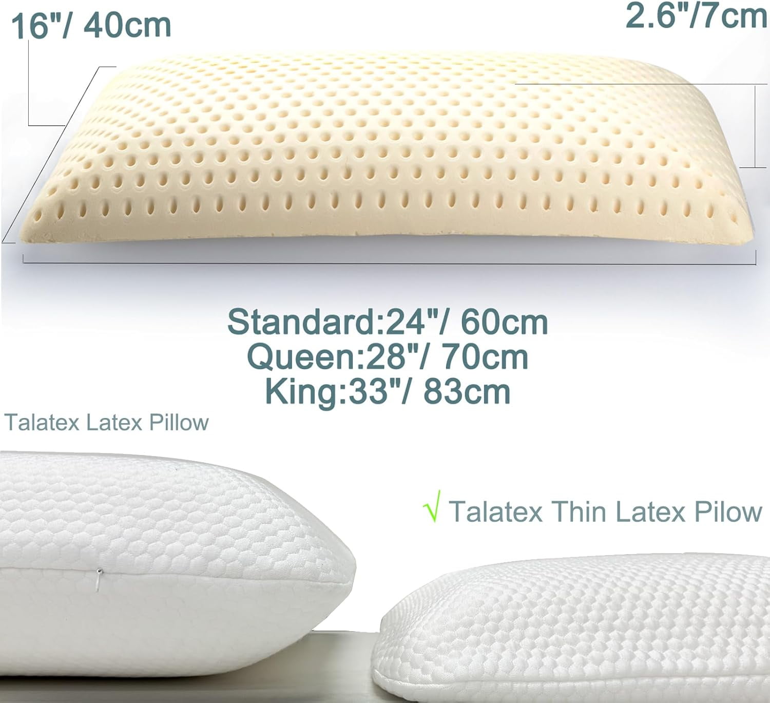 Talatex 2.7" Ultra Thin Natural Latex Pillow, Low Profile Flat Pillow for Stomach & Back Sleepers, Breathable Cervical Neck Support