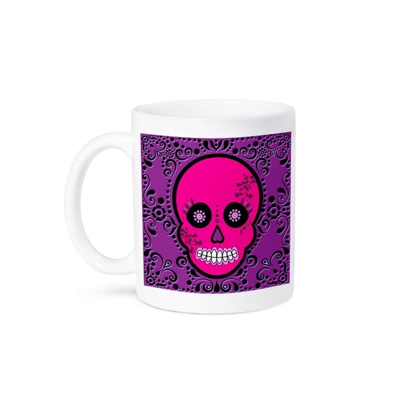 3dRose, Day of the Dead Skull DÃa de los Muertos Sugar Skull Pink Purple Black Scroll Design, 15oz Mug