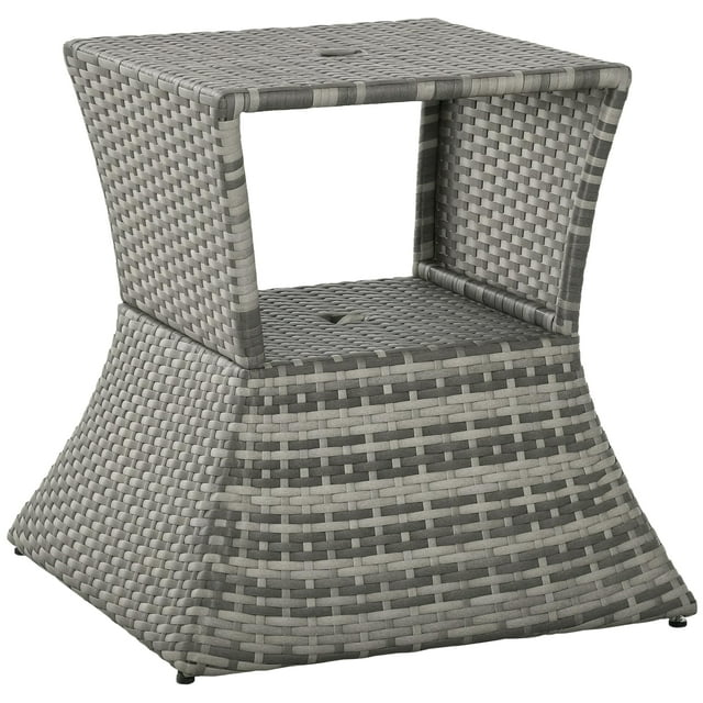 Mesa auxiliar Outsunny de mimbre de ratán de 2 niveles, color gris