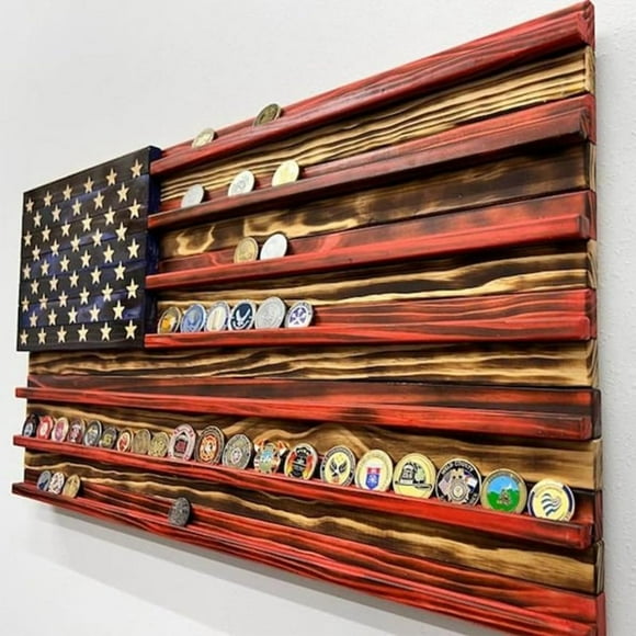 Challenge Coin Display Stand, American Flag Challenge Coin Display Commemorative Display Stand, Natural Solid Wood, Hand Carved, Army Collectibles Challenge Coin Display Cabinet Wood Stand