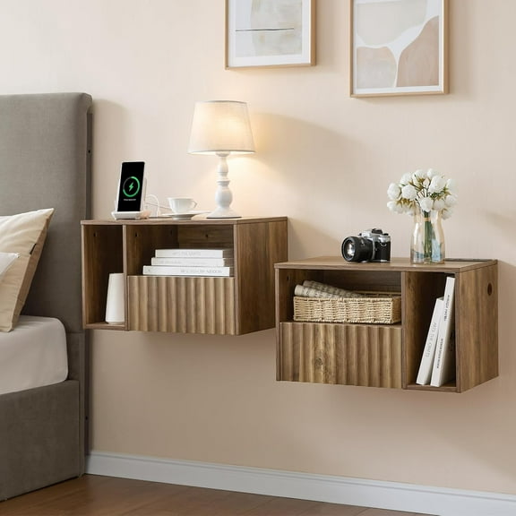 Floating Nightstand with Charging Station - Modern Rustic Brown Fluted Bedside Table with Drawer, USB Ports & Outlets (Set of 2)