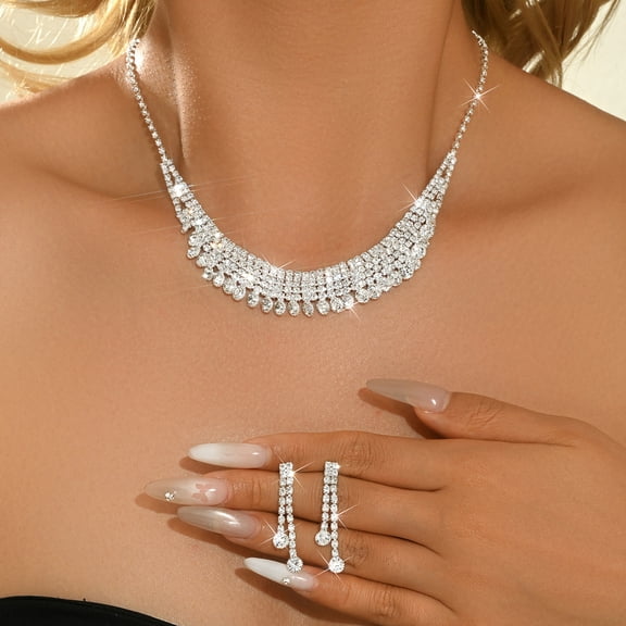 AEXTO Luxury Multi-Row Crystal Bridal Jewelry Set for Women Wide Collar Statement Necklace, Linear Dangle Earrings, Eternity Bracelet Matching Ring, Sparkling Wedding Party Accessories