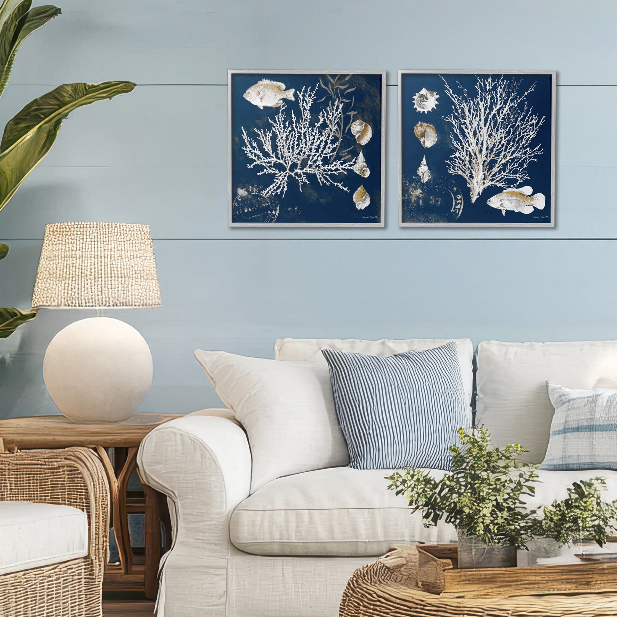 Stupell Industries Navy Coral Medley 2 Piece Gray Framed Giclee Art Set, design by Lanie Loreth