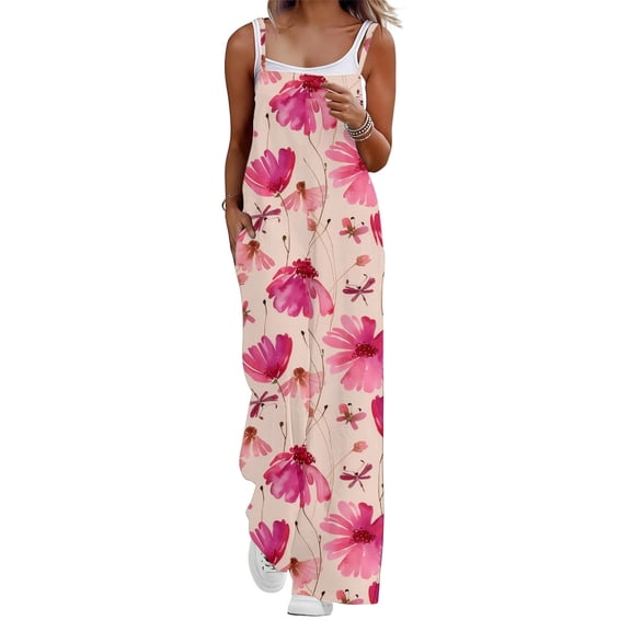 Liilaimic Jumpsuits for Women Boho Floral Casual Jumpsuits Summer Sleeveless Overalls with Pockets for Vacation apposite