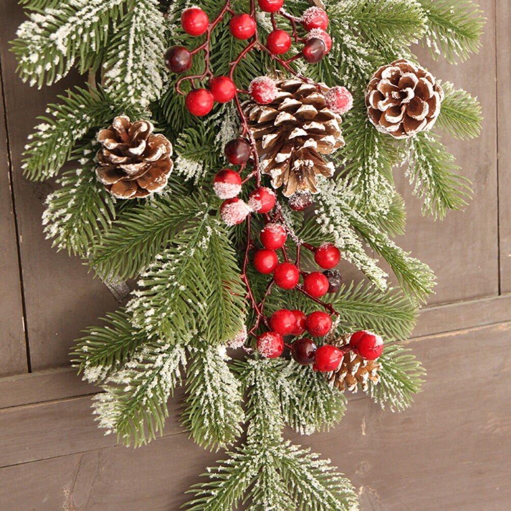 Décoration De Noël Artificielle - Swag Porte D'entrée 60 Cm Avec Baies, Fleurs, Boules Et Nœud - Pour Escalier, Fenêtre, étagère - 9