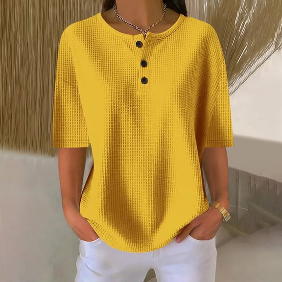 JnLxul Tops for Women Trendy Elbow Length Sleeve Crew Neck Button Pull-On Tops Casual Loose Summer Plain T-Shirts