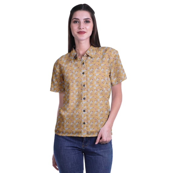 Moomaya Printed Half Sleeve Shirt For Women Button Down Collar Casual Top