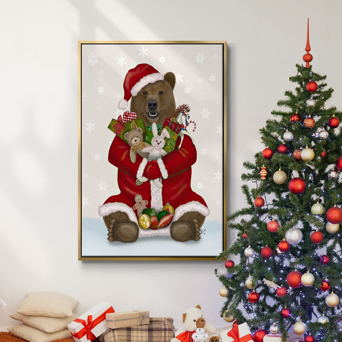 Christmas Christmas Present Bear Hug - Framed Gallery Wrapped Holiday Canvas - 25 x 37 - Gold Frame
