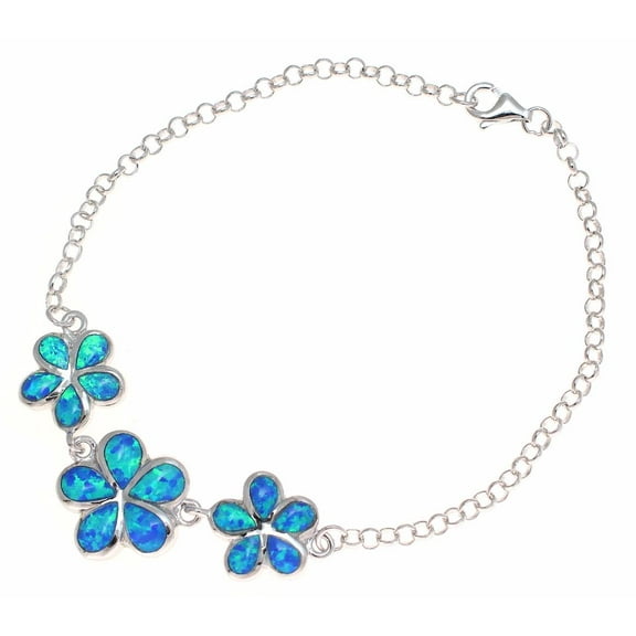 925 sterling silver blue synthetic opal Hawaiian 3 plumeria flower link chain bracelet 7.5"
