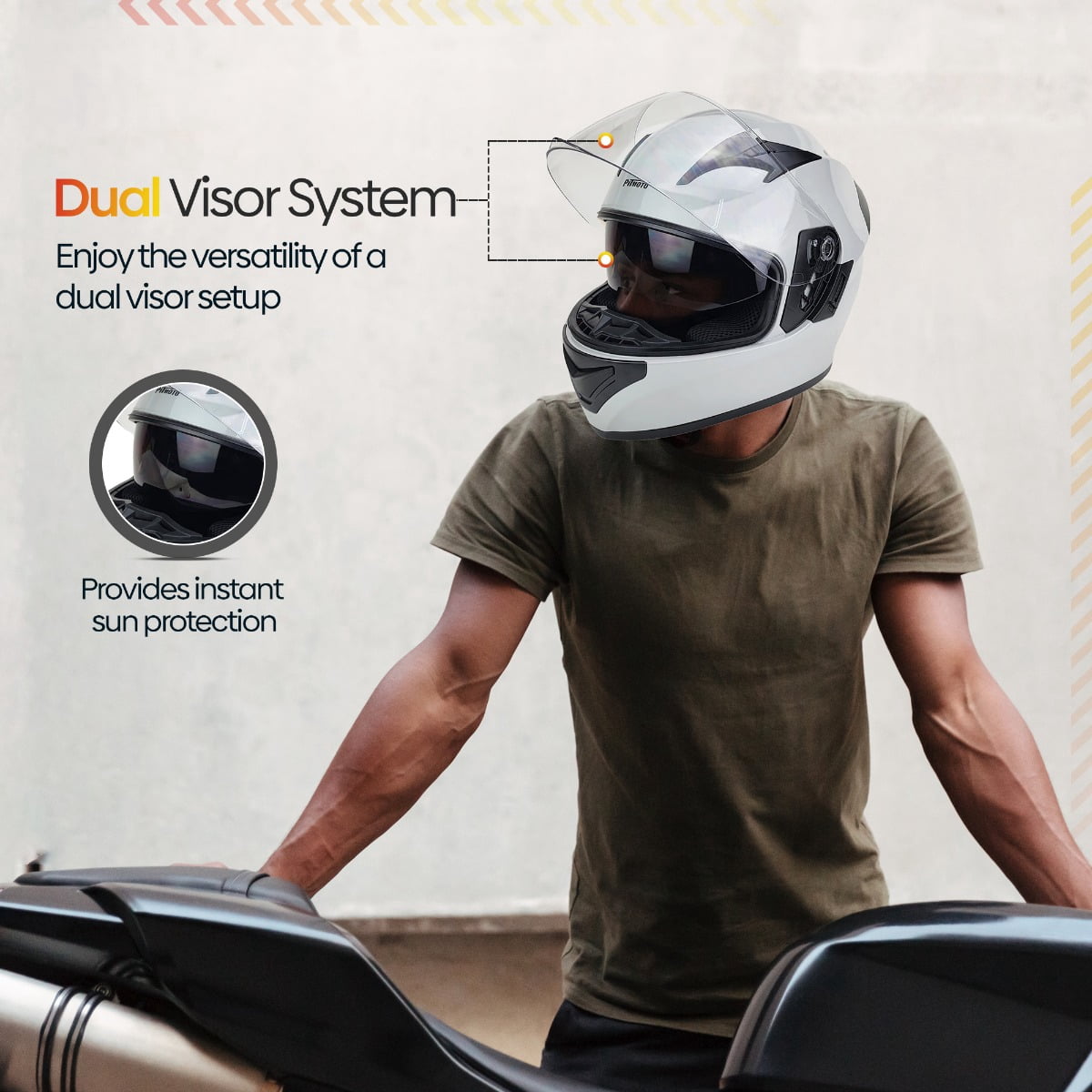 PITMOTO PM-888, Full Face Dual Visor DOT Approved Motorcycle Helmet-Gray-Large