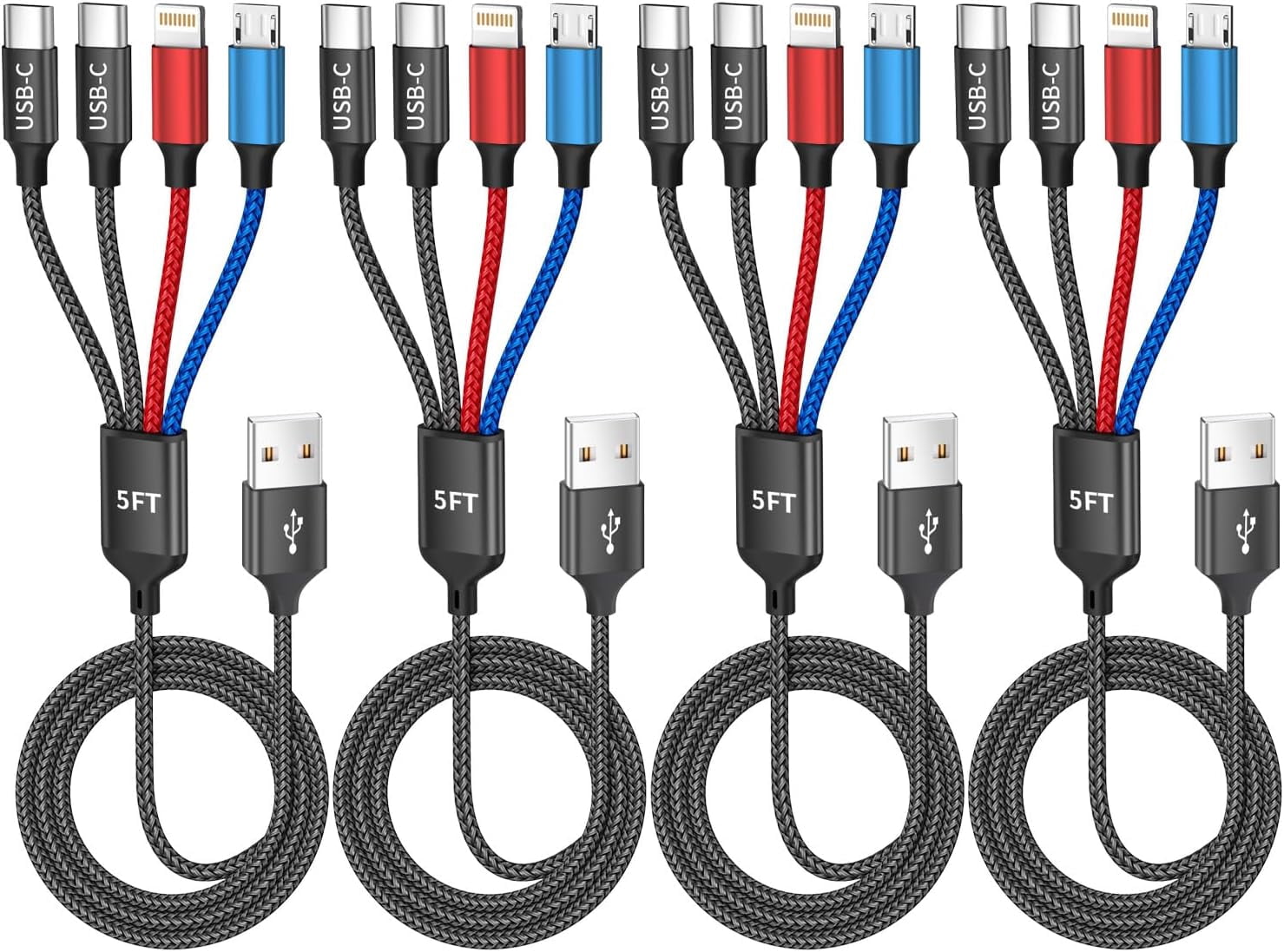 RGHJAR-4Packs 5FT Dual Type-C 4 in 1 Multi Charging Cable with 2 USB-C/IP/Micro Port, USB Cable iPhone Charger Cord, Travel Cruise Essentials Car Accessories for iPhone17-8, Galaxy 25 Android iPad, M