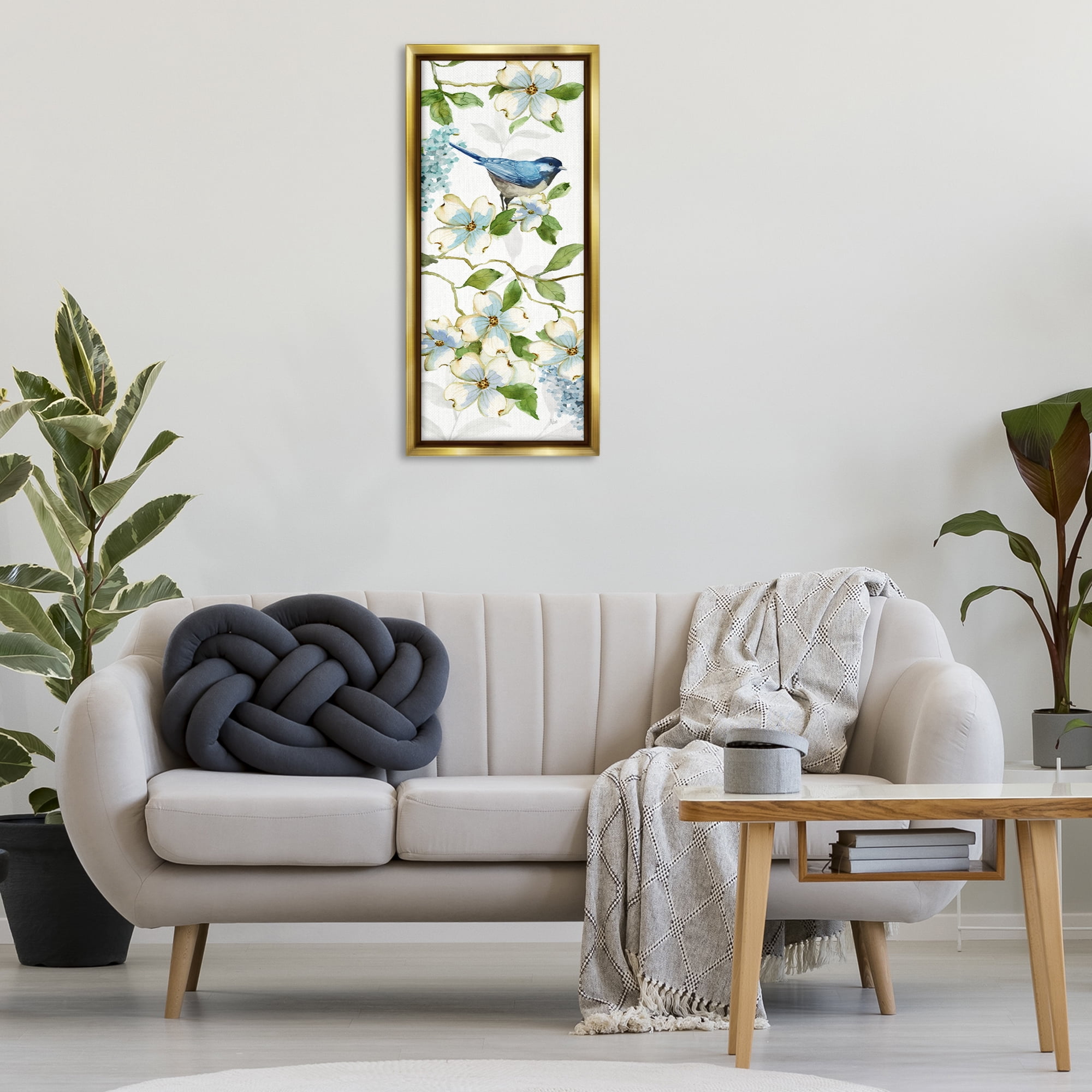 Stupell Industries Bird Perched on Dogwood Plants & Flowers Painting Gold Floater Framed Canvas Art Print Wall Art, 14 x 31