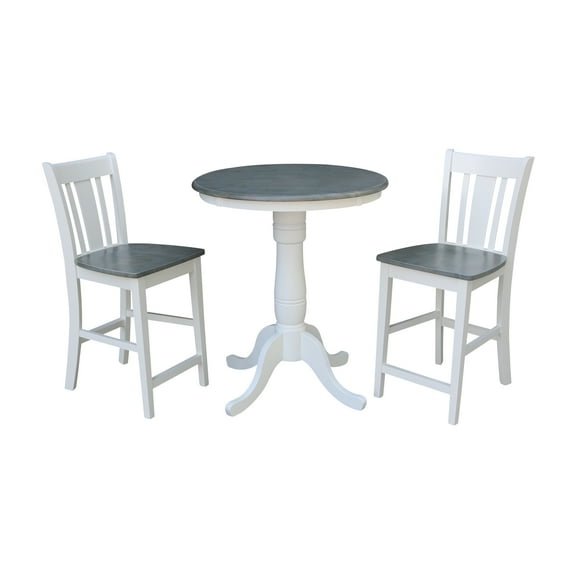 30'' Round Solid Wood Counter Height Pedestal Dining Table with 2 San Remo Splat Back Counter Height Stools in White/Heather Gray