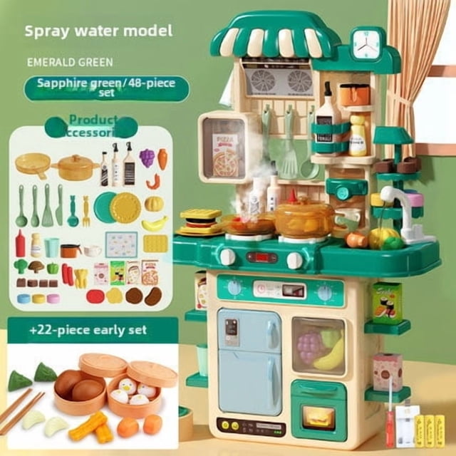 72cm Kids Interactive Kitchen Playset with 70-Piece Cookware - Green Spray & Steamer, Light/Sound Effects, Charging Function - Safe Durable Plastic Cooking Toy for 4-6 Years Old Boys & Girls, Ideal