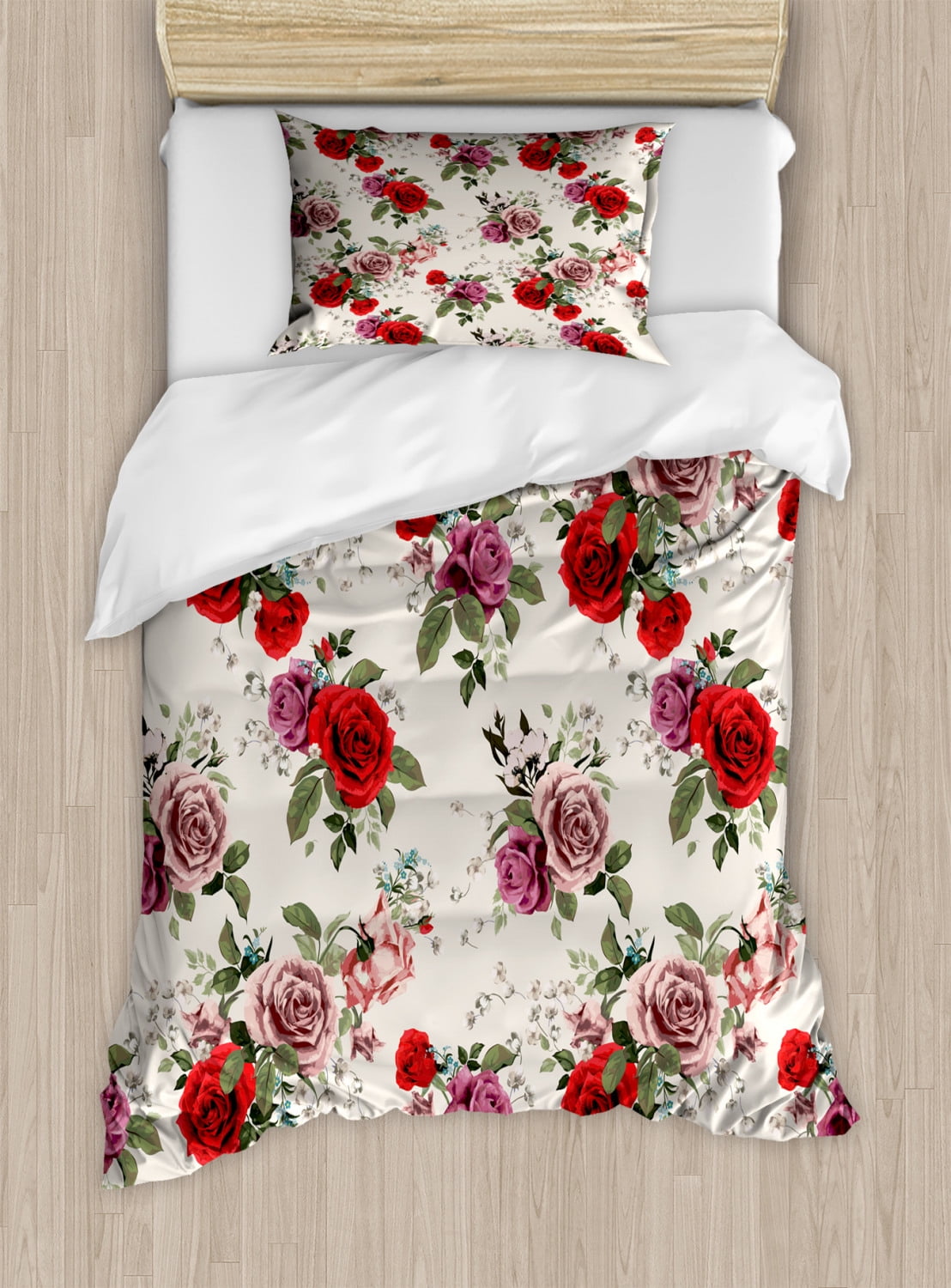 Rose Duvet Cover Set, Nostalgic Romantic Blossom with Feminine Elements
