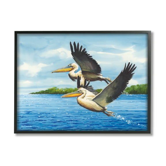 Stupell Industries Splashing Pelicans Flying Animals & Insects Painting Black Framed Art Print Wall Art, 14 x 11