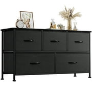 Homall 5 Drawer Fabric Dresser Wide Chest Of Drawers Nightstand With Wood Top Rustic Storage Tower Storage Dresser Closet For Living Room, Bedroom, Hallway, Nursery,Black