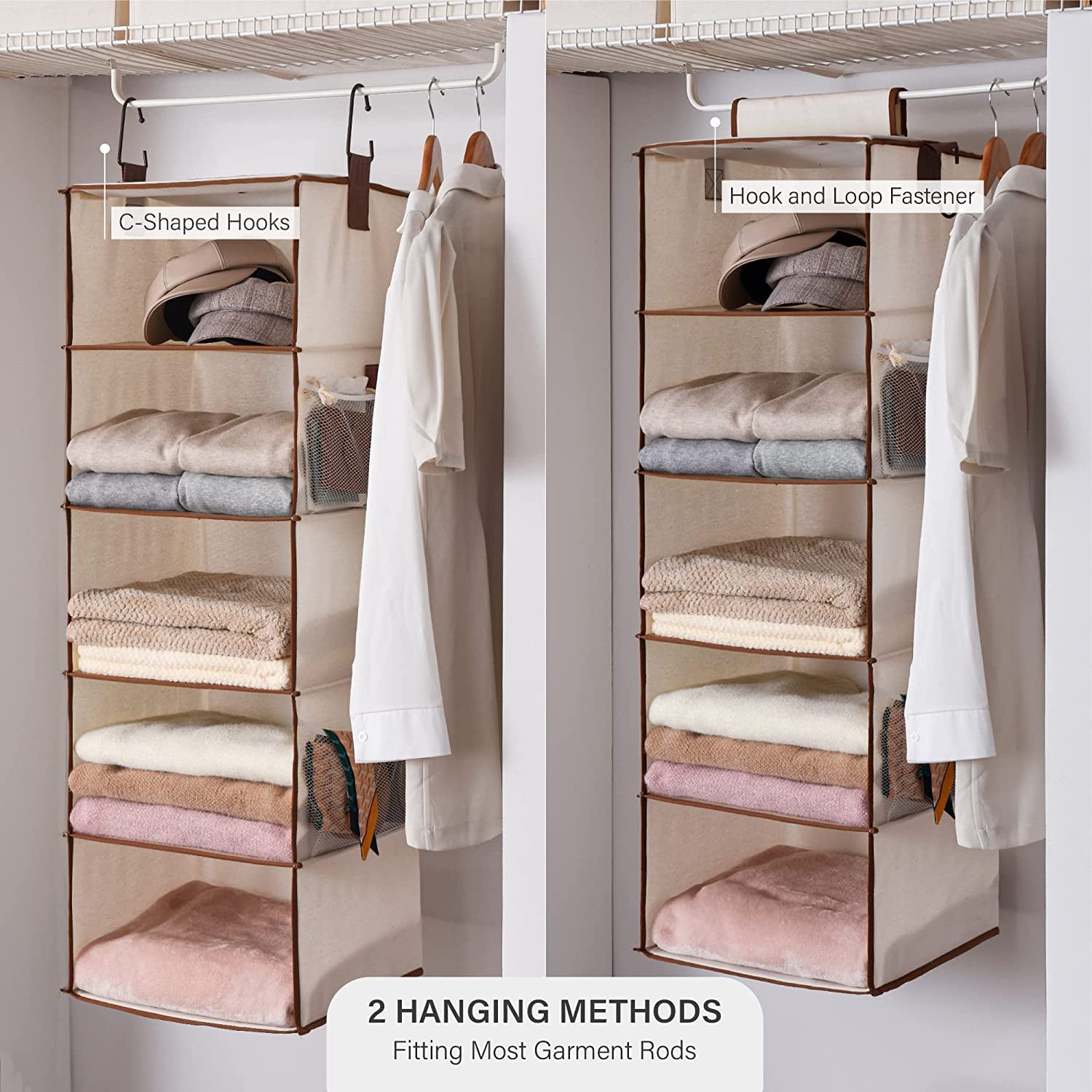 StorageWorks 5-Shelf Jumbo Hanging Storage Closet, Hanging Organizer for  Closet Rod, Hanging Cloth Organizer Storage, Canvas, Gray, 13 D x 15 W x  47