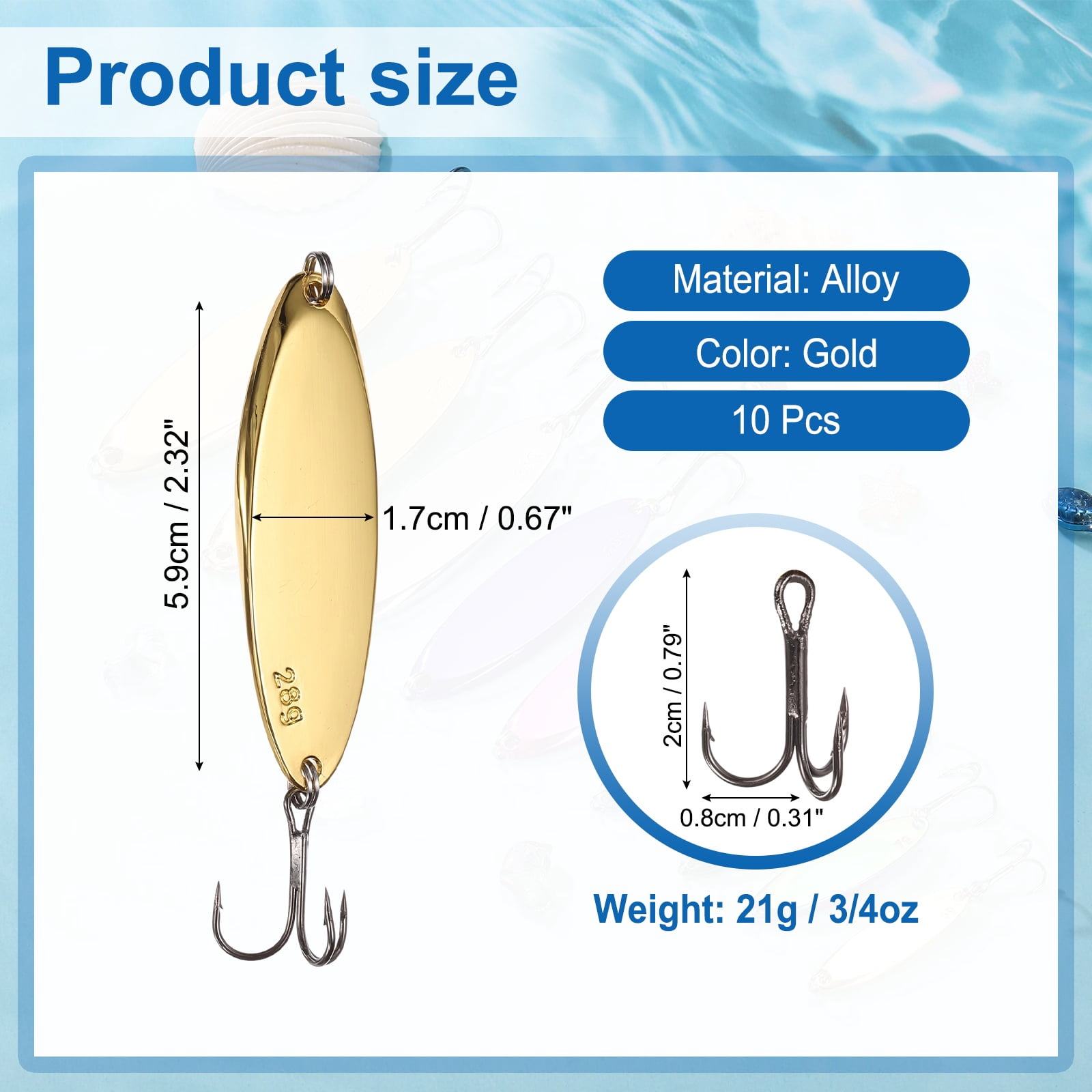 Uxcell Fishing Spoons Lures, Metal Saltwater Treble Trout Lures Jigging Spoon with Treble Hooks Casting Spinner Baits 10 Pcs & 3/4 oz & Gold - Fitting for (Freshwater/Salmon/Bass/Trout)