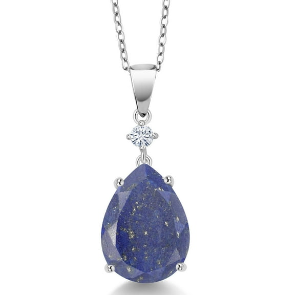 Gem Stone King 925 Sterling Silver Blue Lapis and White Moissanite Pendant Necklace for Women (7.10 Cttw, Pear Shape 16X12MM, Gemstone, with 18 inch Chain)