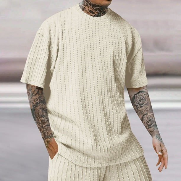 Playera Elvqul para Caballero sin Estampado Playa Deportivas Algodón Manga Corta Beige Cuello Redondo