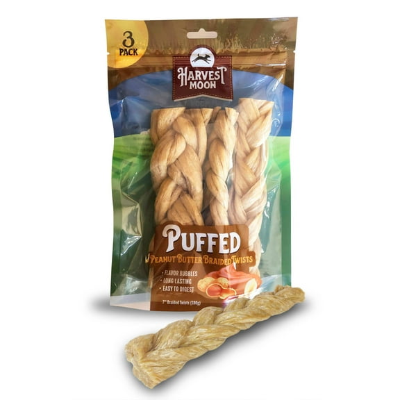 Harvest Moon Peanut Butter Flavored Rawhide Free Puffed Braided Twists Dog Treats