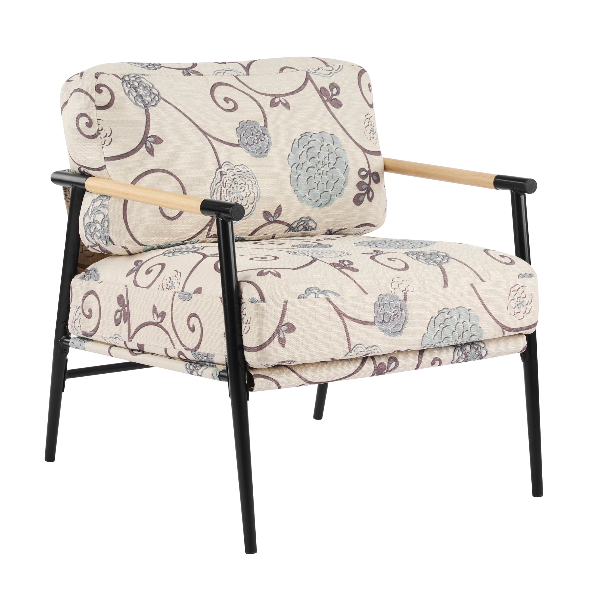 Leumius Modern Accent Chair with Plush Cushions, Minimalist Metal Frame and Wooden Armrest Design for Living Room Bedroom Office White+Multi